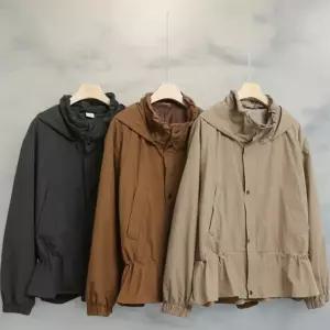 여성 무지 색상 허리 조임 후드 면 혼합 사파리 재킷