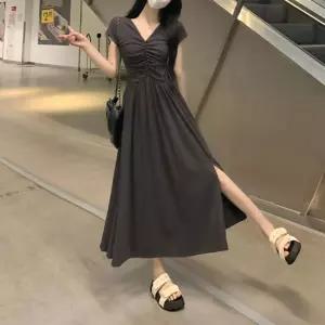 여성 글램 브이넥 셔링 플레어 트임 반팔 롱 원피스