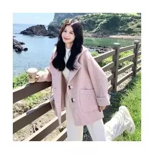 여성용 야구 점퍼 핑크 후드 울 코트 겨 KS4