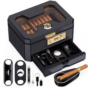 조합 잠금 장치가 있는 시가 , 및 습도계가 시더 우드 데스크톱 액세서리 서랍 - 커터 2개, 펀치, 재떨이, 유리 상단 보관 케이스 남성용 선물