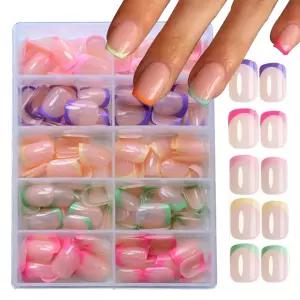 240Pcs 프렌치 팁 프레스 온 네일 숏 스퀘어 페이크 세트 전체 커버 아크릴 재사용 가능한 광택 인공 키트