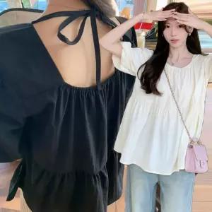 루즈핏 여성 사랑스러운 퍼프 백리스 여름 블라우스 봄 프릴 레이스 화이트 반팔 퍼프 포켓 여자 여성 티