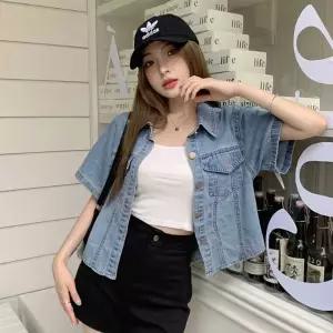 [하프클럽/알티피아]여자 대학생 여름 캠퍼스 룩 데님 청 반팔 자켓 셔츠