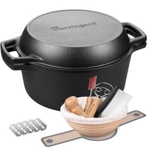 보링가드 프리 시즈닝 주철 더블 더치 오븐 냄비 프라이팬 뚜껑 이중 손잡이 굽기 야외 캠프파이어 요리에는 배네통 증명 바구니 5쿼터와 같은 사워도우 굽기 용품이 포함되어 있습니다