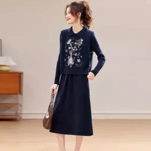 여자정장세트 베이비 넥 니트 원피스 추동 자수 조끼 스웨터 투피스 원템4