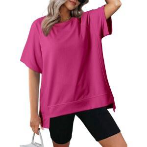 여성 크루넥 반팔 캐주얼 여름 상의 가벼운 루즈 하이 로우 블라우스용 도코투 오버사이즈 티셔츠
