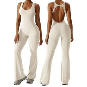 브라 배 컨트롤 컷아웃 로퍼 운동복 민소매 유니타드 원 바디수트와 함께하는 OEAK 여성 플레어 점프수트