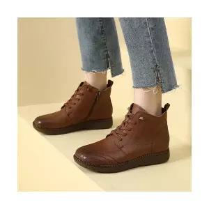 SMK 여자 플랫워커 추동 리얼가죽 통굽 워커 빅사이즈 소프트굽 부츠 로우 JEN4