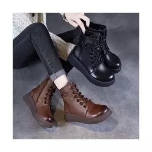 SMK 여자 플랫워커 리얼 가죽 워커 가을 겨울 소프트 바닥 빈티지 캐주얼 웨지힐 수제 스트랩 단화 JEN4