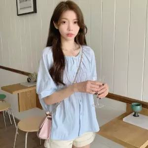 여성 반팔 셔링 노카라 블라우스 여름 플레어 셔츠