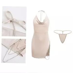 실크슬립 잠옷 홈웨어 옆트임 홀터넥 란제리 원피스 팬티 세트