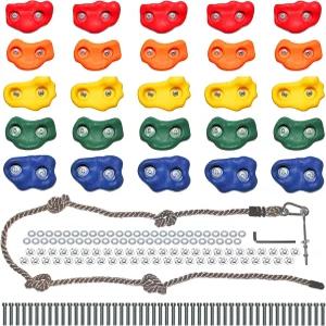 정글짐 킹덤 암벽 등반 용 거치대 - 장착 하드웨어 매듭 로프 및 25개 손잡이가 있는 실내 실외 키트