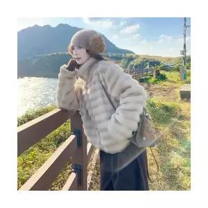 엘럽 여자 가죽 자켓 베이지색 경량 럭셔리 퍼 일체형 코트 겨울 빈티지 하이넥 패딩 도톰 톱 원템4