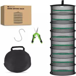 예스커 8겹 허브 건조대 걸이식 메쉬망 접이식 식물 24인치 녹색 지퍼 가지치기 가위 갈고리 씨앗 새싹
