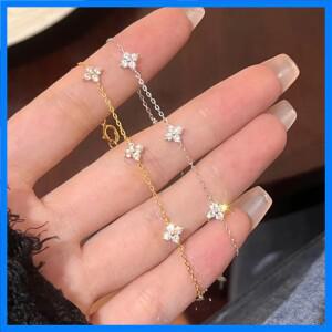여자를위한 925 실버 도금 Cz 네 잎 꽃 팔찌 여자 귀여운 우아한 조절 링크 체인 팔찌 트렌드 18k 골드 쥬