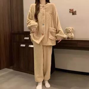 옥뚜브레 커플잠옷세트 카키 겨울 반폴라 가디건 긴팔 긴바지 세트 잠옷 UNO4