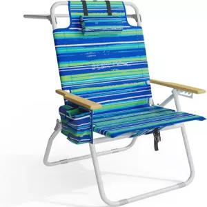 톨 비치 체어 17인치 하이 백팩 나무 팔걸이가 있는 대형 쿨러 파우치가 5포지션 리클라이닝 헤비 듀티