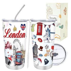 [미국배송] 켈루나 런던 여행 기념품 선물 - 20온스 런던에는 뚜껑이 있는 빨대 브러시가 단열된 텀블러가 있어야 합니다. 영국 도시 필수품 친구 가족을 위한 생일 크리스마스 어머니의