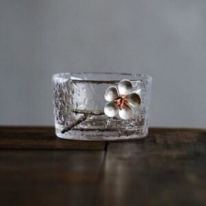 ZENATION 일본산 망치 유리 - 2개의 찻잔/일본식 술잔 컵 세트, 주석과 구리 매화 장식 (C)