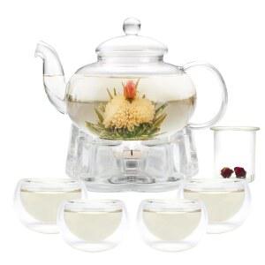 구루다르 유리 주전자 세트, 34OZ / 1000ML 주전자, 루즈 티 인퓨저 & 워머, 5OZ 150ML 이중벽 티컵 세트 4개, 스토브탑 전자레인지 안전 메이커, 여성용 블루밍