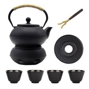 캔들 워머가 포함된 30.4온스 소형 주철 주전자 세트, 스토브탑 금고용 일본식 주전자, 블랙 찻주전자 및 찻잔 느슨한 잎을 위한 스트레이너가 찻주전자(900ml)