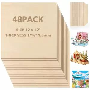 애드랫니 배스우드 시트 1장/16 x 12 인치 - 1.5mm 합판 DIY 공예용 48Pcs 정사각형 미완성 목재 보드 커팅