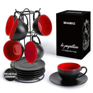 미아미오 - 커피 음료, 카페, 라떼, 아메리카노, 차를 위한 금속 스탠드가 있는 세라믹 스택형 카푸치노 컵 세트/6온스 머그잔 및 접시 세트 르 파피용 컬렉션(빨간색)