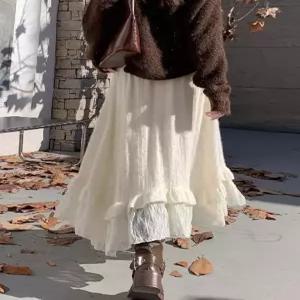 미니코코네 여자 쉬폰 스커트 시폰 언밸런스 레이스 가을 겨울 하이웨스트 슬림핏 A라인 롱 DOS4