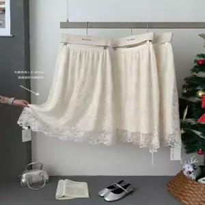 솜브레로스 여자 쉬폰 스커트 시폰 프렌치 레이스 살구 가을 겨울 기모 하이웨스트 A라인 롱 DOS4