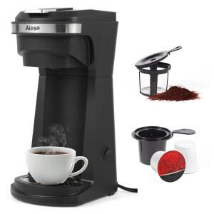 아이오사 2 in 1 싱글 서브 K컵 커피 메이커(6-14온스), 800W 패스트 브루, 재사용 가능한 필터가 있는 컴팩트한 디자인, 원 버튼 자동 차단, 여행용 머그 핏, / 그라운드 티, 블랙과 호환 가능
