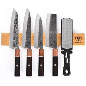 ARTIDGE 6Pcs 다이아몬드 샤프닝 플레이트와 대나무 자기 스트립이 포함된 일본식 칼 세트, 견고한 목재 팔각형 손잡이, 가정 및 상업용 고탄소강 전문 셰프 세트