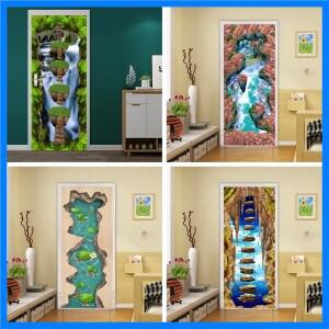 3D 풍경 인쇄 도어 스티커 비닐 데칼 폭포 숲 다리 도어 벽지 거실 홈 장식 미적 deursticker