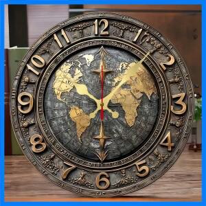 빈티지 세계지도 나무 원형 무소음 벽걸이 시계 거실 사무실 서재 침실 가정 장식에 적합