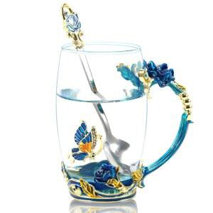 아버지의 날, 어머니의 발렌타인 u2019s의 생일, 스테인리스 스틸 스푼 세트를 위한 WOBOX 330ML 에나멜 티컵 유리잔 커피 머그잔 수제 로즈 플라워