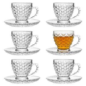 빈사카오 유리 티컵 및 접시 세트 6 - 피시 스케일 커피 머그잔 에스프레소 카푸치노 라떼 티를 위한 찻잔 식기세척기 전자레인지 안전(7OZ / 210ML)
