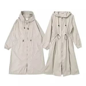 2WAY 여성용 레인코트 파우치 세트 베이지 아우터 웨어 원피스형 아웃도어 우비 캠핑
