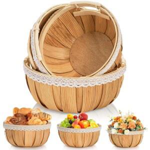 고스트 3팩 나무 빵 바구니, 손잡이가 달린 칩 피크닉 둥근 손으로 짠 수확물 보관함, 과일 채소용 선물 포장 바구니 세트, 웨딩 키친(3가지 크기)