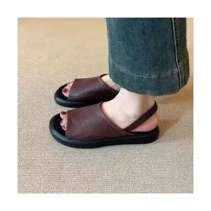 스파이더맨 여성 양가죽빈티지 라운드 토오픈 통굽 샌들 플랫 로마슈즈 스트랩 백 OPH5