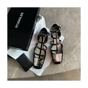 스파이더맨 여성 양가죽 버클 에나멜 사각 펀칭 스트랩 통굽 샌들 메리제인 플랫 슈즈 화 OPH5