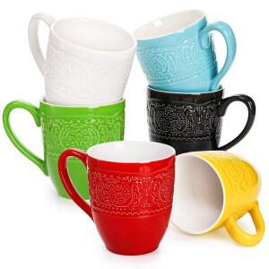 이 6종 도자기 커피 머그잔 세트, 엠보싱 릴 가 들어간 15온스 라지 핫 밀크 라떼 컵, 글레이즈드 티 결혼식, 생일, 크리스마스, 기념일, 다양한 색상으로 선물하기 좋은 선물들