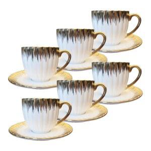 카이트리 3.5온스 세라믹 터키 커피 컵 세트 6개, 브리티시 이탈리안 카푸치노 도자기 에스프레소 및 골드 트림이 포함된 접시 더블 라떼 모카