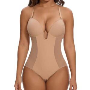 SHAPERIN 여성 바디수트, 백리스 딥브이 U플런지 복부보정 티팬티 바디쉐이퍼 브라형