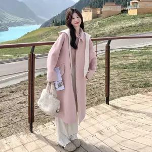 여성패션 야구 점퍼 핑크 후드 리버시블 캐시미어 코트 겨울 롱 모직 도톰 DL4