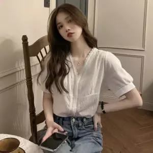 봄 여름 가을 브이넥 레이스 데일리 반팔 블라우스