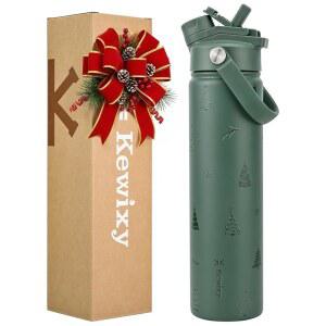 [미국배송] 큐윅시 24온스 크리스마스 물병 2-IN-1 뚜껑 빨대 & 스파우트 단열 누수 방지 보온 스테인리스 스틸 금속 재사용 가능 손잡이 명절 선물 컵홀더 친화적 그린 트리