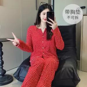 여성 니트 면 잠옷 봄가을 카디건 긴팔 긴바지 밴드 패드 세트 G30Z3N OP2