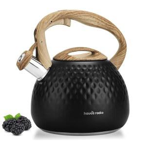 Hause 라디오 티 주전자 스토브탑, 스토브탑 에스테틱을 위한 2.5QT 스테인리스 스틸 휘파람 티포트, 휴대용 물 캠핑, 안티 핫 실리콘 손잡이, 모든 열원에 적합, 블랙