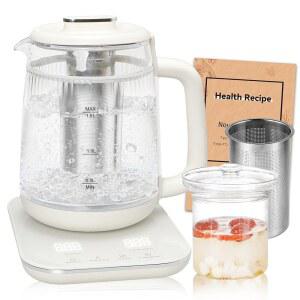 스튜 냄비, 유리 9-in-1 차 메이커, 프로그래머블 터치 패널, 수프, 죽, 허브 차용 스테인리스 스틸 베이스가 포함된 이중층 전기 주전자 1.5L