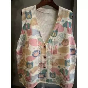 어밴저스 여자 키작녀 간절기 브이넥 가디건 추동 프린트 면실 니트 조끼 루즈핏 롤업 민소매 탑 꾹4