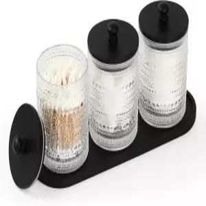 계란 소리 3팩 큐팁 홀더 - 욕실 정리함 및 보관함 면 원형 치실 픽 볼 트레이 뚜껑이 있는 유리 약병 패드